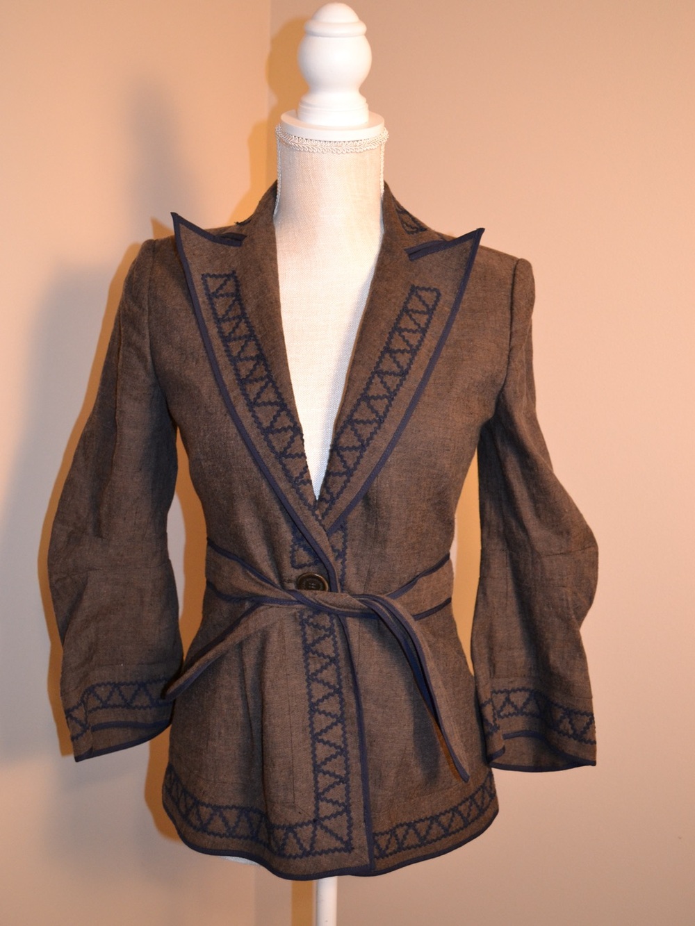 BCBGMaxAzria Brown Blazer with Navy Trim and Belt